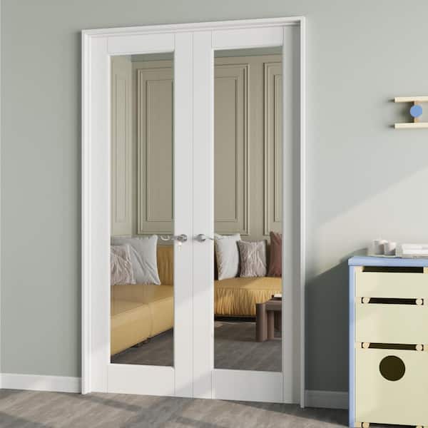 48 in. x 80 in. Universal 1-Lite Clear Glass White Solid Core Wood Assembly Required Double French Door with Jamb