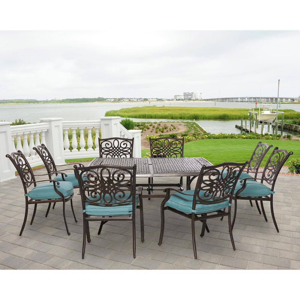 Hanover Traditions 9-Piece Blue Cushion Aluminum Outdoor Dining Set