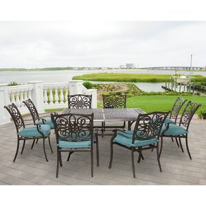 Traditions 9-Piece Aluminum Outdoor Square Patio Dining Set with Blue Cushions