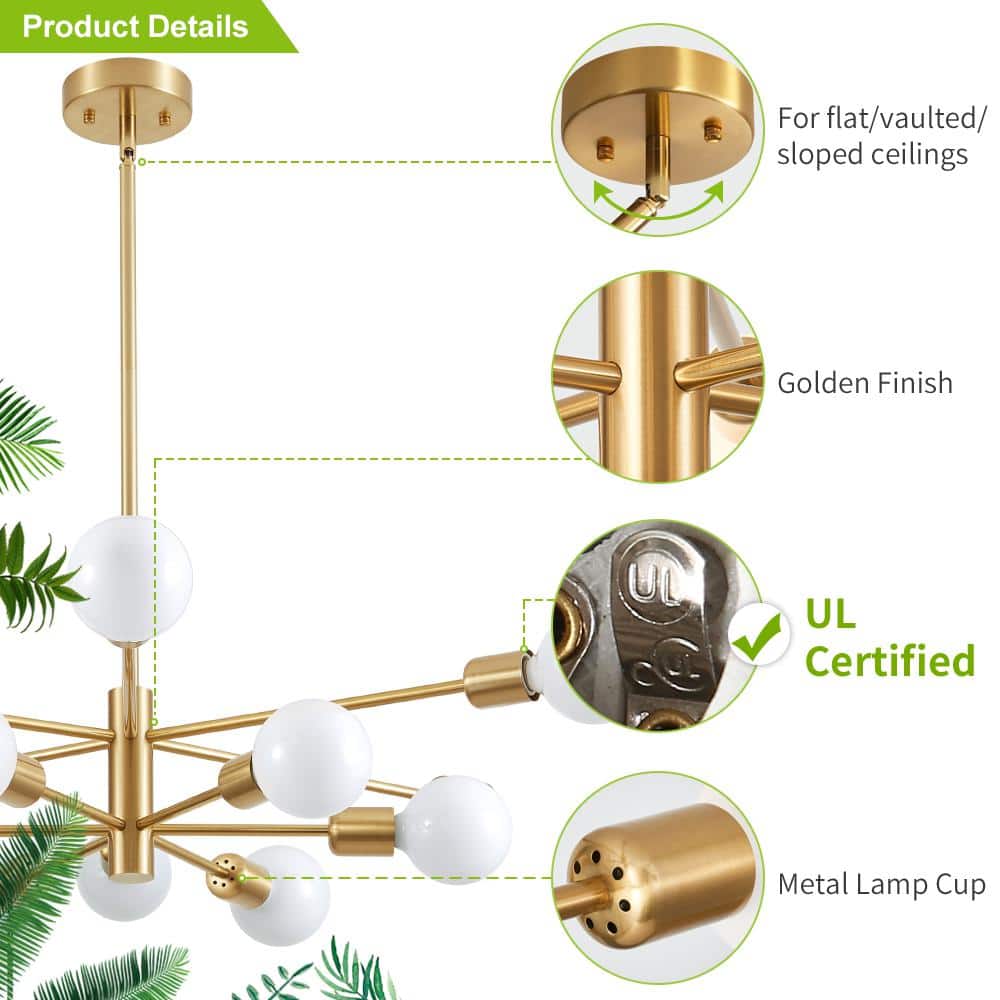 Gold 12-Light Sputnik Chandelier with Adjustable Rod