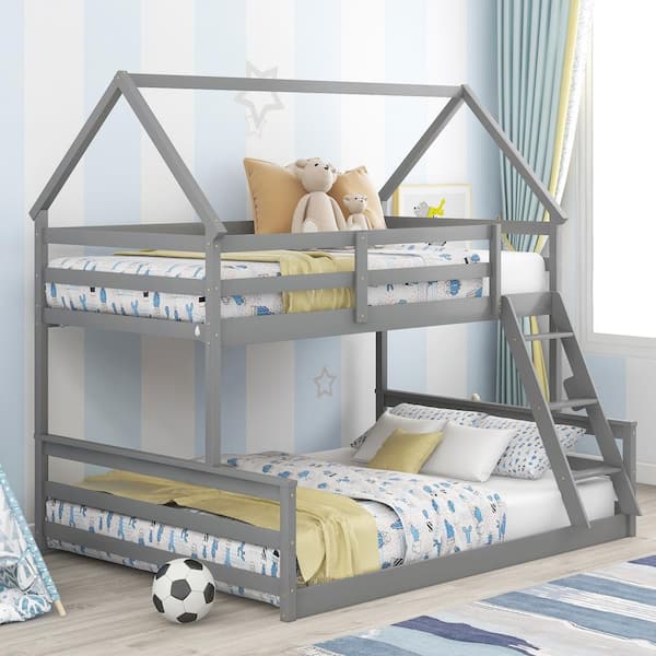 Qualler Gray Twin over Full House Bunk Bed with Built-in Ladder