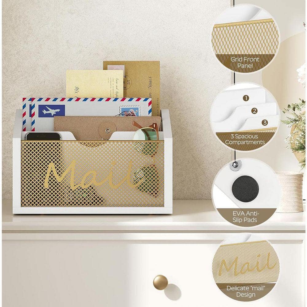 7.3 in. x 11.4 in. 3-Slot Wooden Mail Organizer-White and Gold