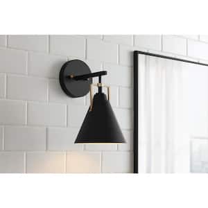 Insdale 1-Light Matte Black Modern Bathroom Vanity Light with Satin Brass Accents