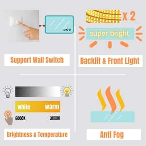 55 in. W x 30 in. H Large Rectangular Frameless LED Light Anti-Fog Wall Bathroom Vanity Mirror with Backlit, Front Light