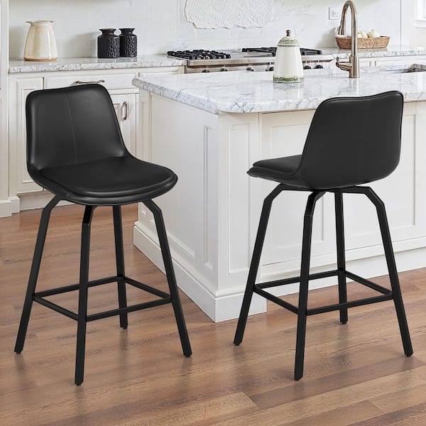 37 in. YANNISH Black Faux Leather Counter Height Stool Metal Frame Double-cushioned Swivel Bar Stool(Set Of 2)