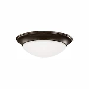 Nash 11.5 in. 1-Light Bronze Classic Contemporary Flush Mount with Satin Etched Glass Twist-Lock Shade and LED Bulb