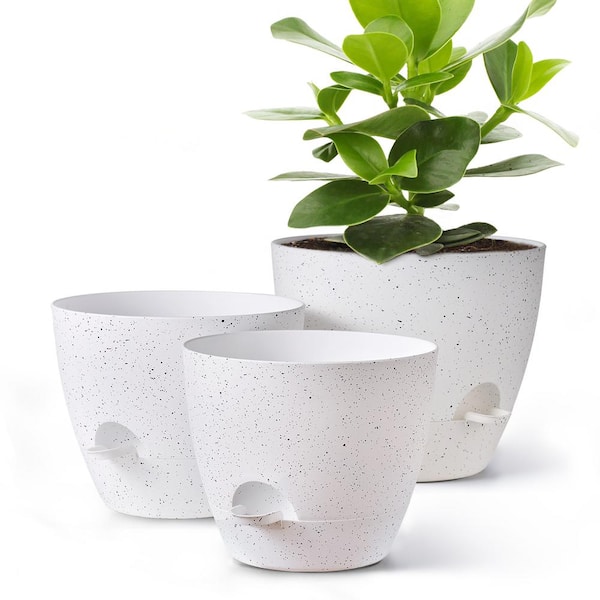 Plant Pot 12/10/9 in., Speckled White Plastic Self Watering for Indoor/Outdoor Plants with Drainage Hole, (3-Pack)
