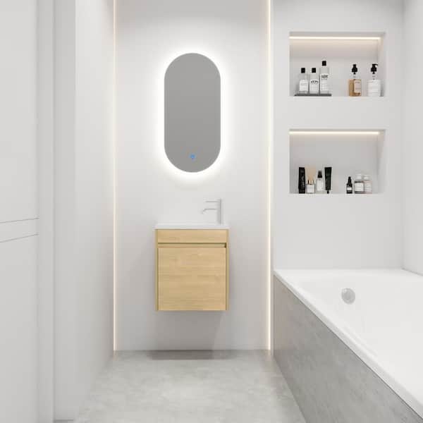 FUNKOL 17.30 in. D x 10.20 in. W x 19.90 in. H Plywood Wall-Mounted Bath Vanity in Light Teak with White Resin Top