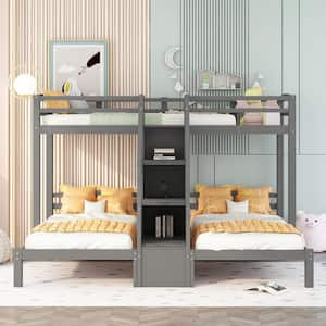 Gray Twin Over Twin and Twin Bunk Bed with Staircases Wooden Triple Bunk Beds with Drawers and Guardrail for 3-Kids