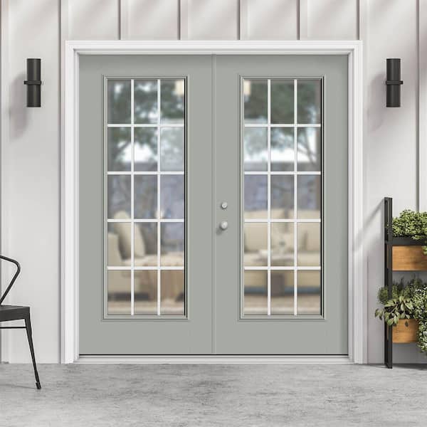 72 in. x 80 in. Silver Cloud Fiberglass Prehung Right-Hand Inswing GBG 15-Lite Clear Glass Patio Door with Vinyl Frame