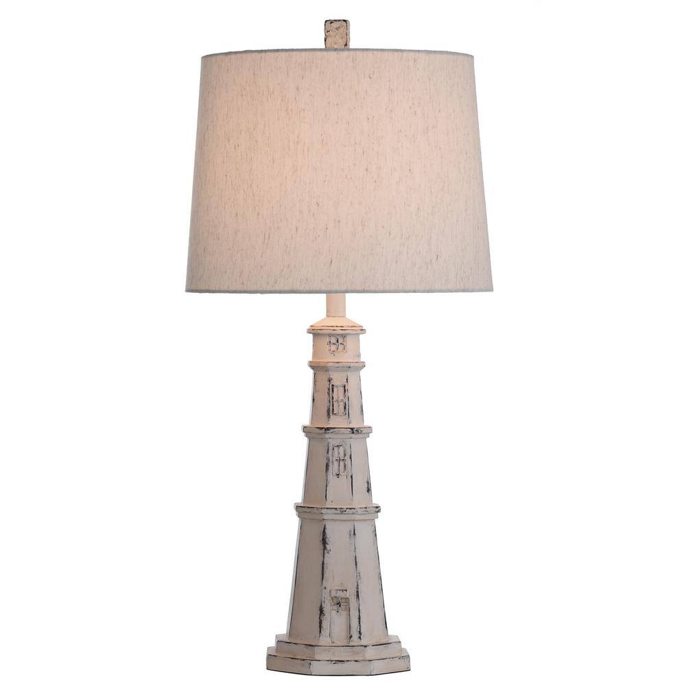 Berwyn Distressed White Lighthouse Table Lamp with Oatmeal Shade