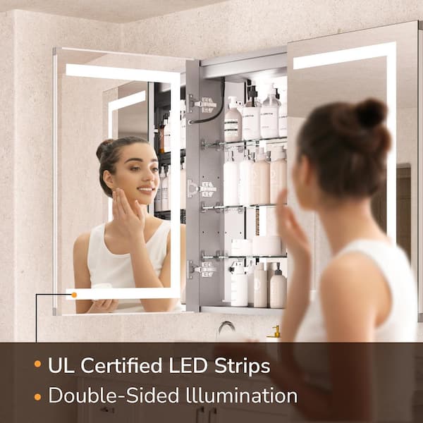 KeonJinn 36 in. W x 30 in. H Rectangular LED Lighted Anti-Fog Tempered Glass Aluminum Medicine Cabinet with Mirror in Silver