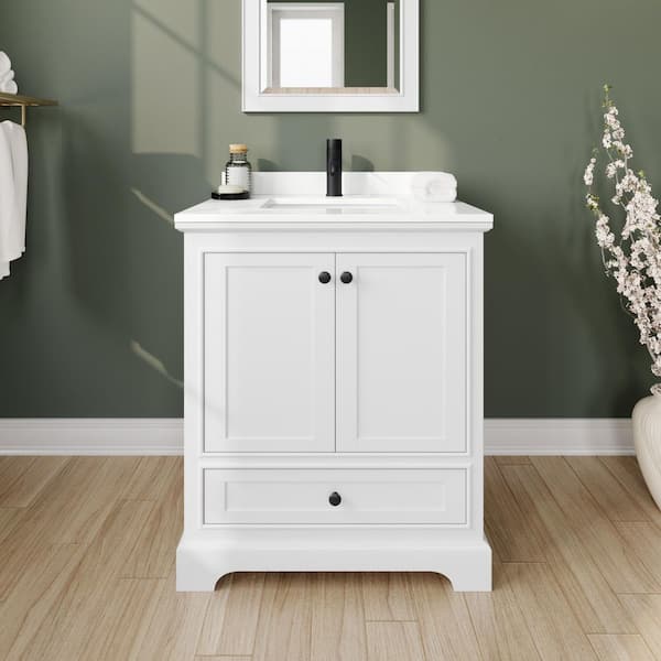 Wyndham Collection Deborah 30 in. W x 22 in. D x 35 in. H Single Bath Vanity in White with White Quartz Top and 24 in. Mirror