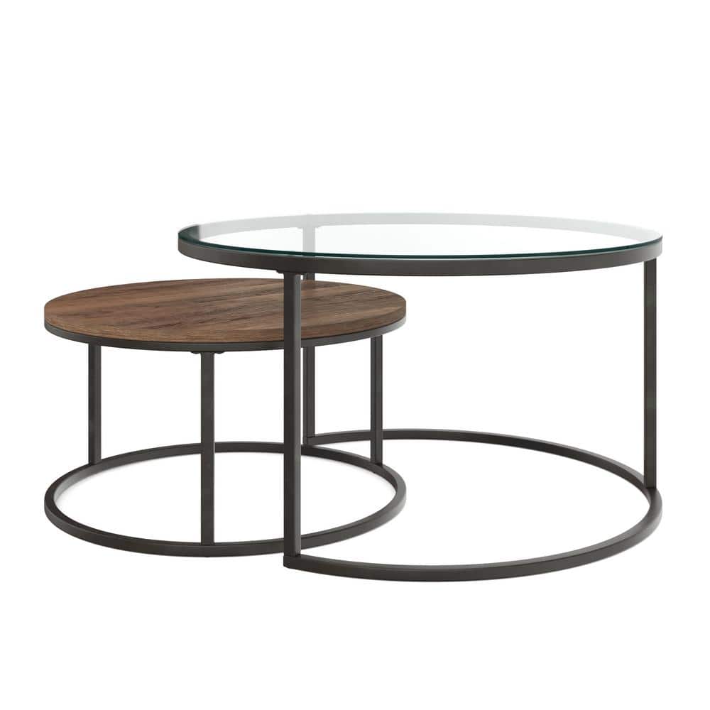 Stella 32" Round Rustic Oak and Glass Nesting Coffee Table Set