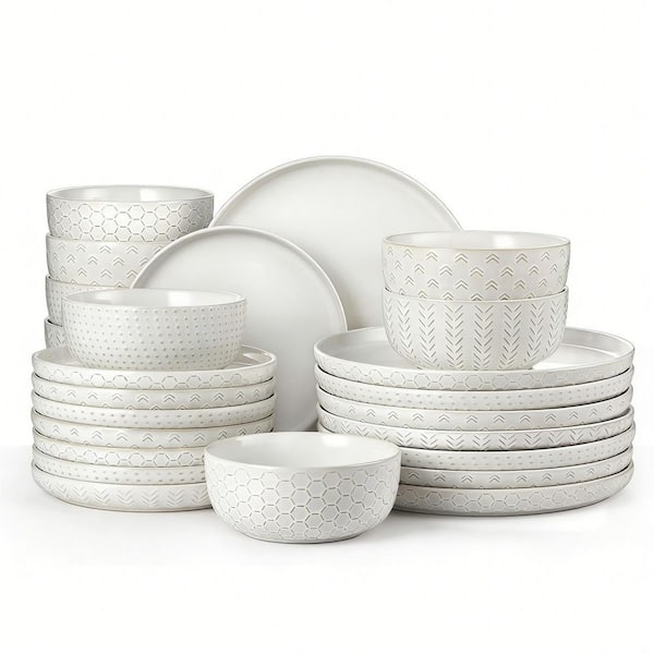 24-Piece Vintage White Dinnerware Set Service for 8, Scratch Resistant & Dishwasher Safe, Embossed Boho Ceramic Dish Set