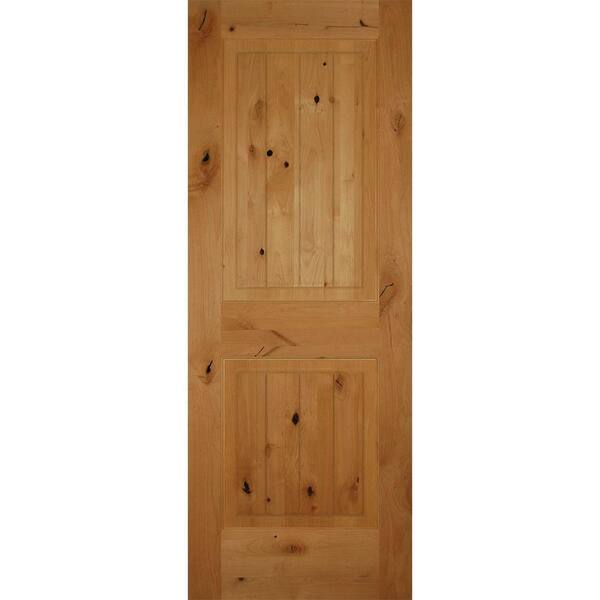 Builders Choice 30 in. x 80 in. 2-Panel Square Top V-Groove Solid Core Unfinished Knotty Alder Wood Interior Door Slab