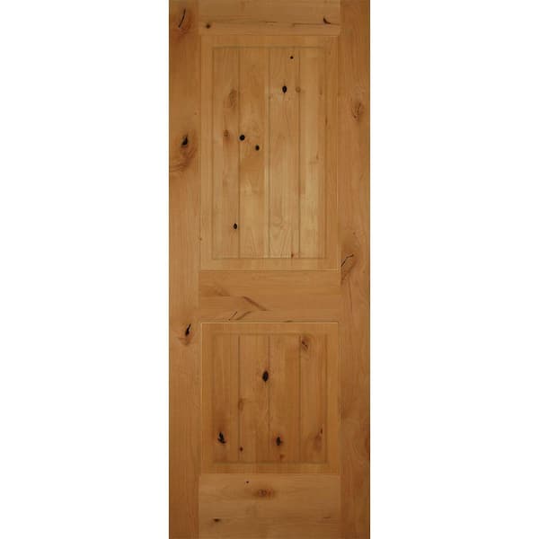 Builders Choice 28 in. x 80 in. Left-Handed 2-Panel Square Top V-Groove Solid Core Knotty Alder Single Prehung Interio rDoor