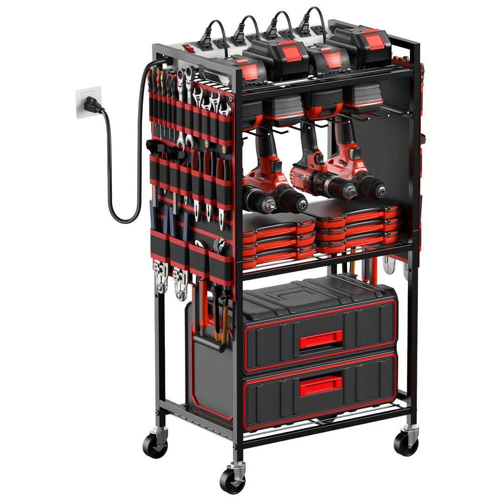 Red Iron Rolling Wall Rack with 8 Outlet Power Strip, 3 Shelves, Drill Holder, Canvas Side Pockets, Floor Standing price history on PriceWatchPro