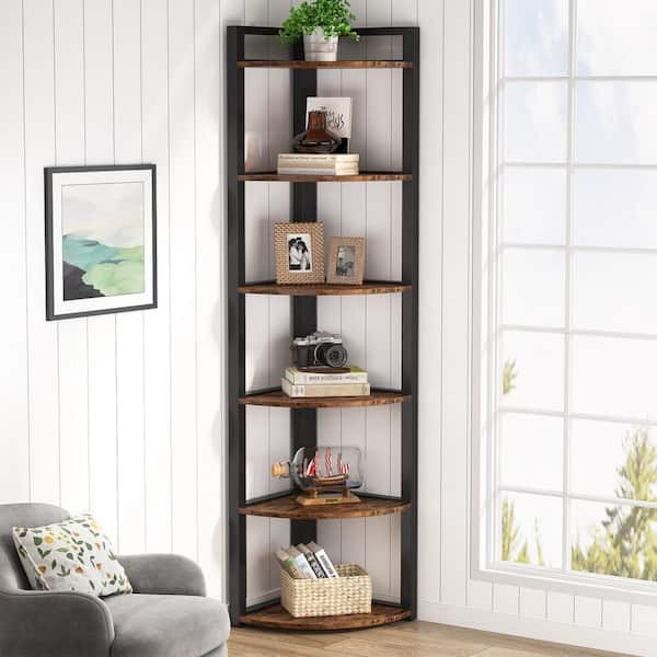 5-Tier Corner Bookshelf 66.7" Tall With 2 Fluted Doors - Wood Color Freestanding Display Shelf For Living Room, Office
