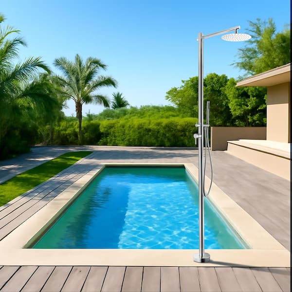 Outdoor Exposed Shower Faucet Dual Handle Freestanding Tub Faucet Floor Mounting with Hand Shower in Brushed Nickel