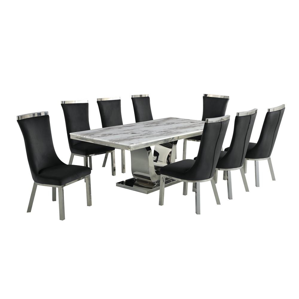 Ada 9-Piece Rectangular White Marble Top With Stainless Steel Base Table Set With 8 Black Velvet Chairs price history on PriceWatchPro