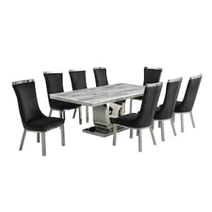 Ada 9-Piece Rectangular White Marble Top With Stainless Steel Base Table Set With 8 Black Velvet Chairs