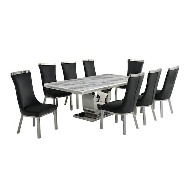 Best Quality Furniture Ada 9-Piece Rectangular White Marble Top With Stainless Steel Base Table Set With 8 Black Velvet Chairs