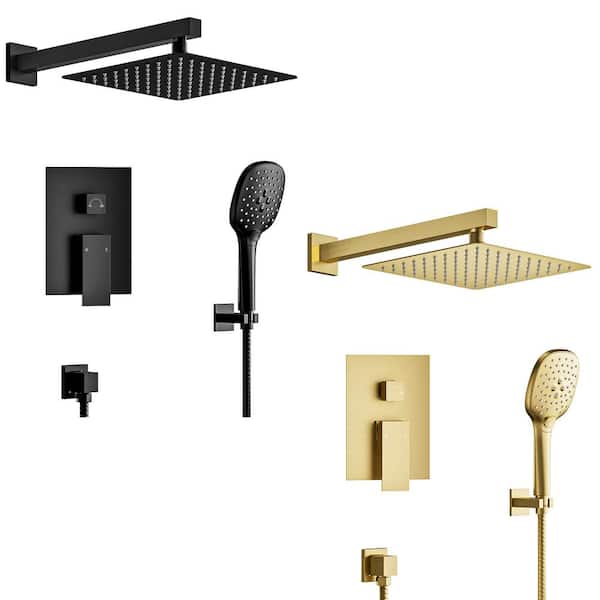 YAWWALK 3-Spray 10 in. Wall Mount Dual Fixed and Handheld Shower Head 2.5 GPM in Matte Black and Brushed Gold Valve Included