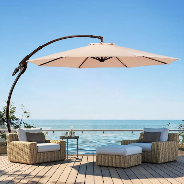 Yangming 11 ft. Aluminum Cantilever Tilt Patio Umbrella in Light Brown Without Base UV-Protection for Outdoor Table Deck Pool