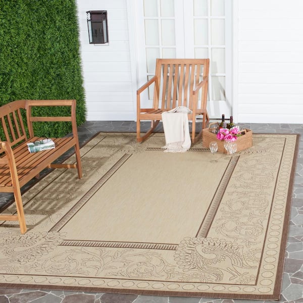 Courtyard Natural/Chocolate 8 ft. x 8 ft. Square Border Indoor/Outdoor Patio  Area Rug