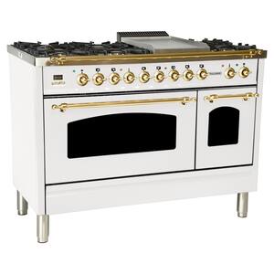 48 in. 5.0 cu. ft. Double Oven Dual Fuel Italian Range with True Convection, 7 Burners, Griddle, Brass Trim in White