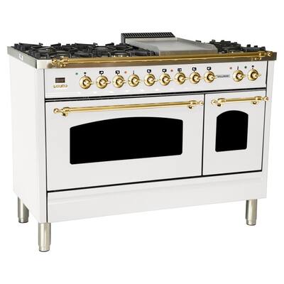 48 in. 5.0 cu. ft. Double Oven Dual Fuel Italian Range True Convection, 7 Burners, Griddle, LP Gas, Brass Trim in White