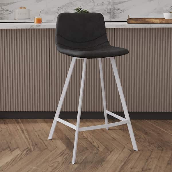 Leisuremod Elland 35 in. Leather Upholstery Counter Bar Stool in Black Stainless Steel for Indoor and Outdoor in Charcoal Black