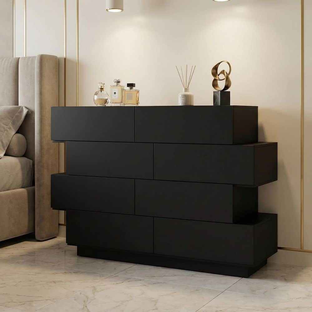 50.6 in. W High Gloss Black Wood 8-Drawer Chest of Drawers Storage Cabinet Modern Style, 16.2 in. D x 39.2 in. H