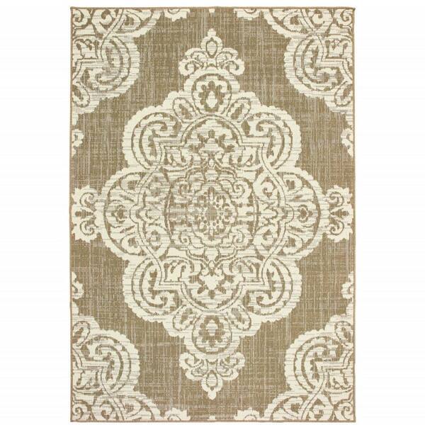 Tan 4 ft. x 6 ft. Loomed Oriental Polypropylene Rectangle Indoor/Outdoor Area Rug