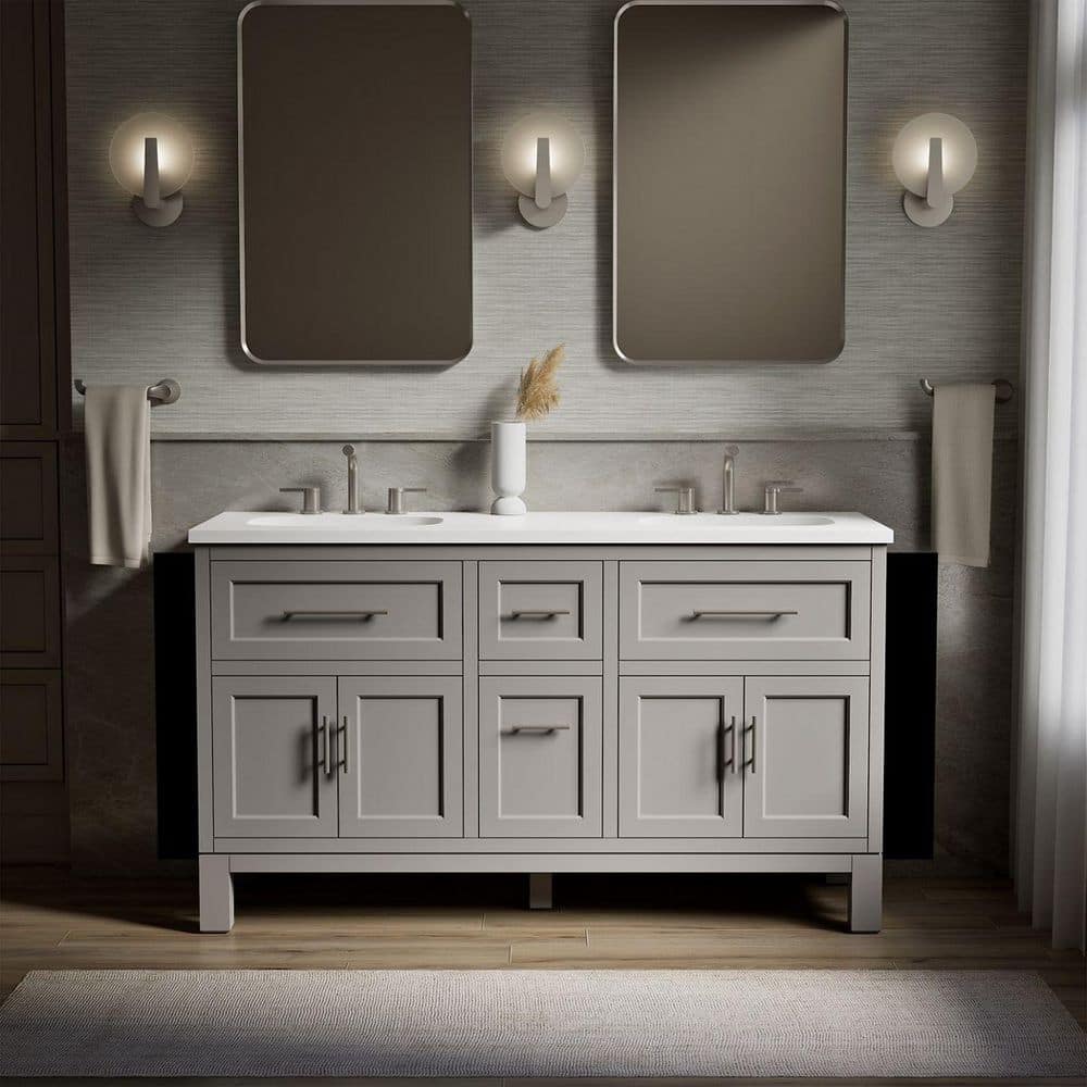 Quo 61in. Double Sink Freestanding Mohair Grey Bath Vanity with White Quartz Top Assembled price history on PriceWatchPro