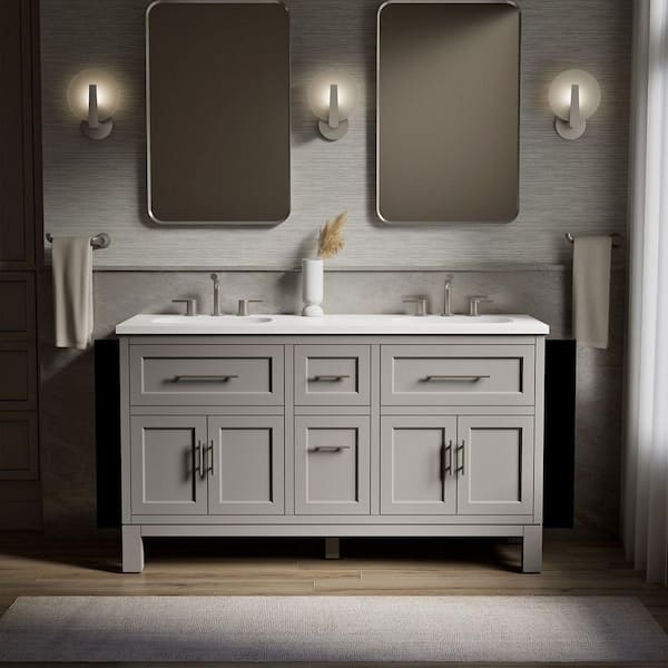 Quo 61in. Double Sink Freestanding Mohair Grey Bath Vanity with White Quartz Top Assembled
