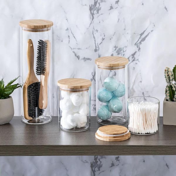 Anqtovp Set of 5 Glass Kitchen Canisters with Airtight Bamboo Lidfor Pantry Organization and Bathroom for Flour, Clear