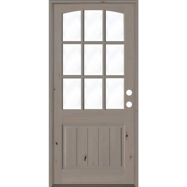 Krosswood Doors 32 in. x 96 in. Knotty Alder Left-Hand/Inswing 9-Lite Arch Top Clear Glass Grey Stain Wood Prehung Front Door