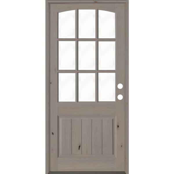 Krosswood Doors 42 in. x 96 in. Knotty Alder Left-Hand/Inswing 9-Lite Arch Top V-Panel Clear Glass Grey Stain Wood Prehung Front Door