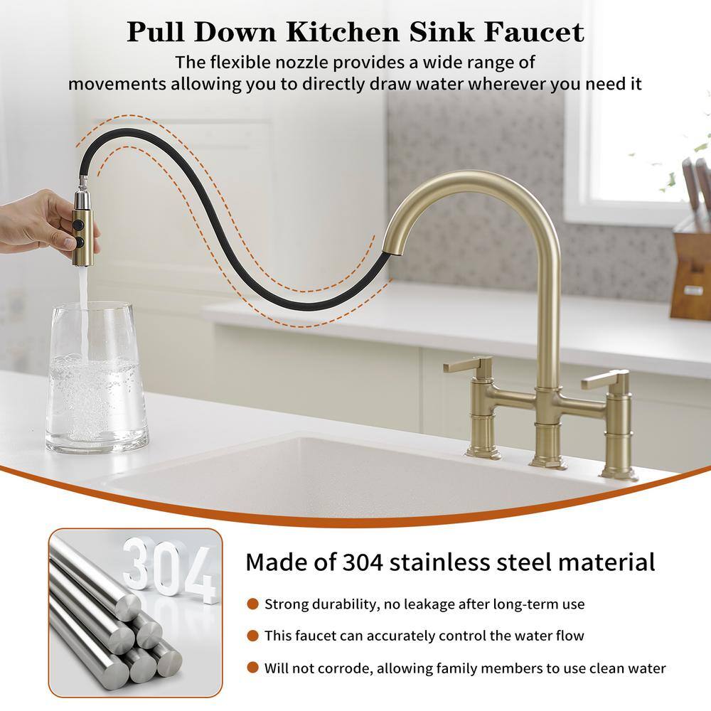 Brushed Gold Double Handle Bridge Kitchen Faucet with 360 Degree Swivel Spout