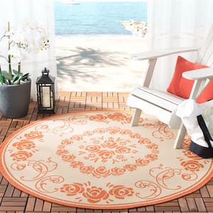 Courtyard Natural/Terracotta 7 ft. x 7 ft. Round Floral Indoor/Outdoor Patio  Area Rug
