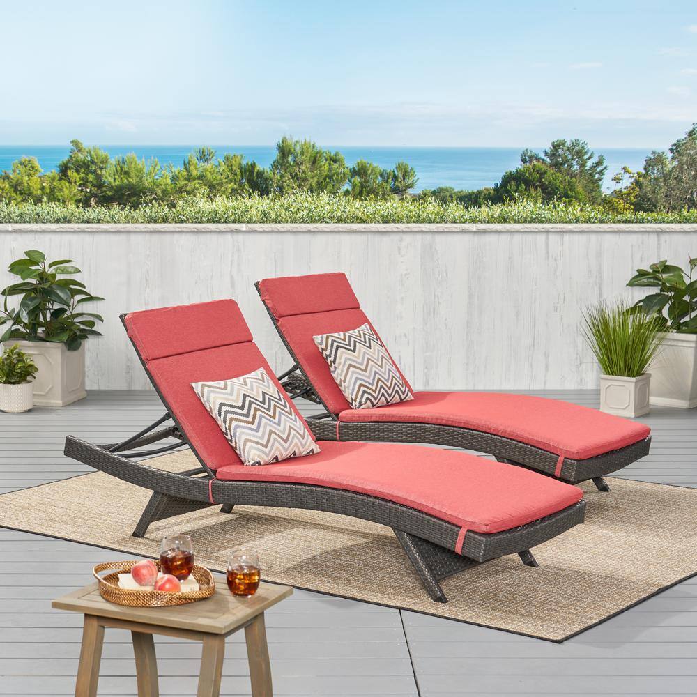 Red Cushioned Armless Wicker Outdoor Chaise Lounge Set