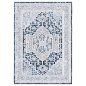 Blair Beige/Navy 4 ft. x 6 ft. Machine Washable Border Floral Area Rug