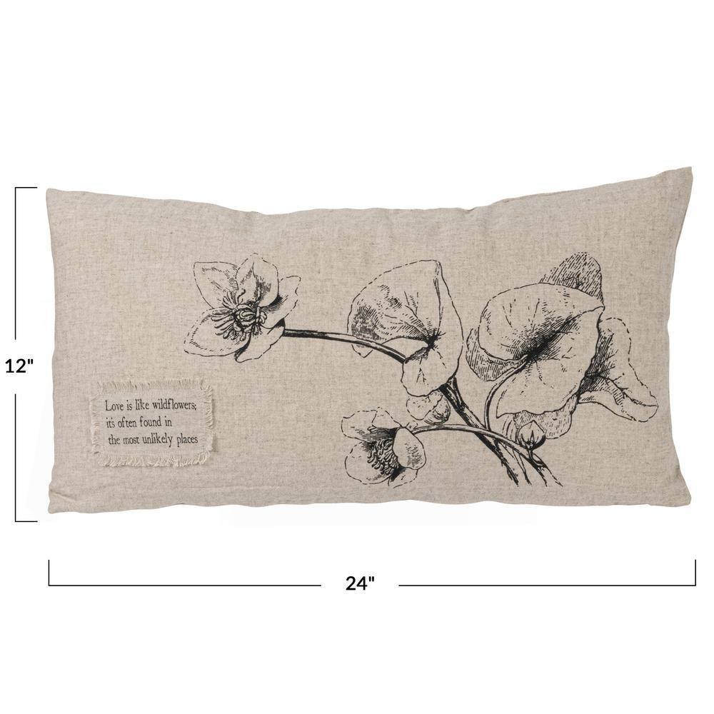 Natural Linen Blend Lumbar Pillow with Floral and Bird Design
