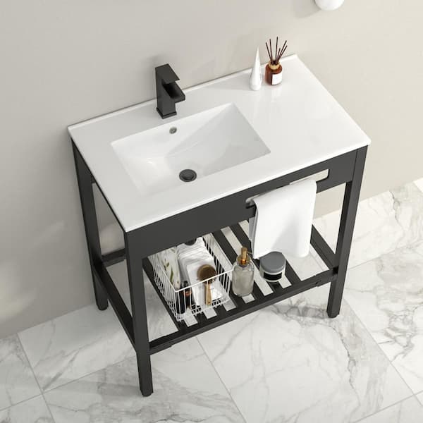 32 in. Ceramic White Bathroom Console Sink and Stainless Steel Legs Combo in Matte Black with Overflow