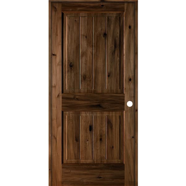 Krosswood Doors 36 in. x 80 in. Knotty Alder 2 Panel Left-Hand Square Top V-Groove Provincial Stain Wood Single Prehung Interior Door