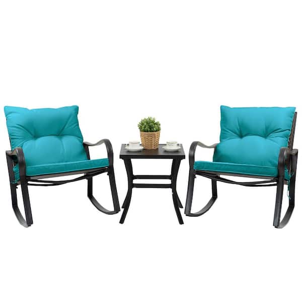 KOZYARD 3-Piece Metal Outdoor Bistro Set Rocking Chairs with Blue Cushions