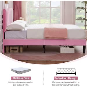 Upholstered Bedframe, Pink Metal Frame Queen Platform Bed with Adjustable Headboard, Wood Slat, No Box Spring Needed