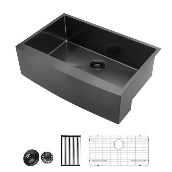 27 in. Farmhouse Apron Front Single Bowl 16-Gauge Gunmetal Black Stainless Steel Kitchen Sink with Bottom Grids